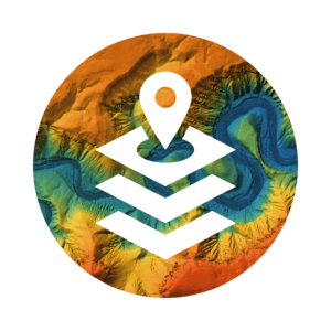 Geospatial Analytics icon over colorful topography image